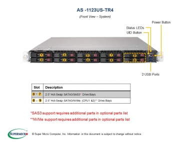 Platforma 1123US-TR4, H11DSU-IN 119UTS-R1K02P-T, 1U, Dual EPYC 7001/2, DDR4, 4xGbE, 10x 2.5