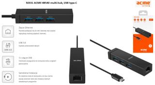 Hub USB Acme HB540, 3 porty USB 3.0 + LAN, wtyk USB 3.0 type-C
