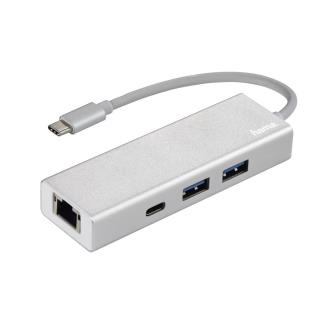 Hub USB 1:3 Hama USB 3.1 TYP-C + Lan ''Aluminium'', Srebrny